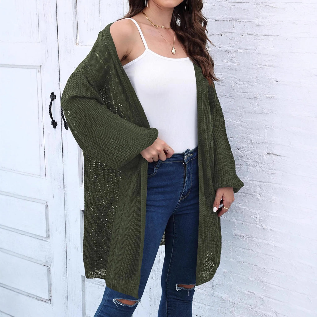 Women's loose casual acrylic cardigan in army green, shown front-on