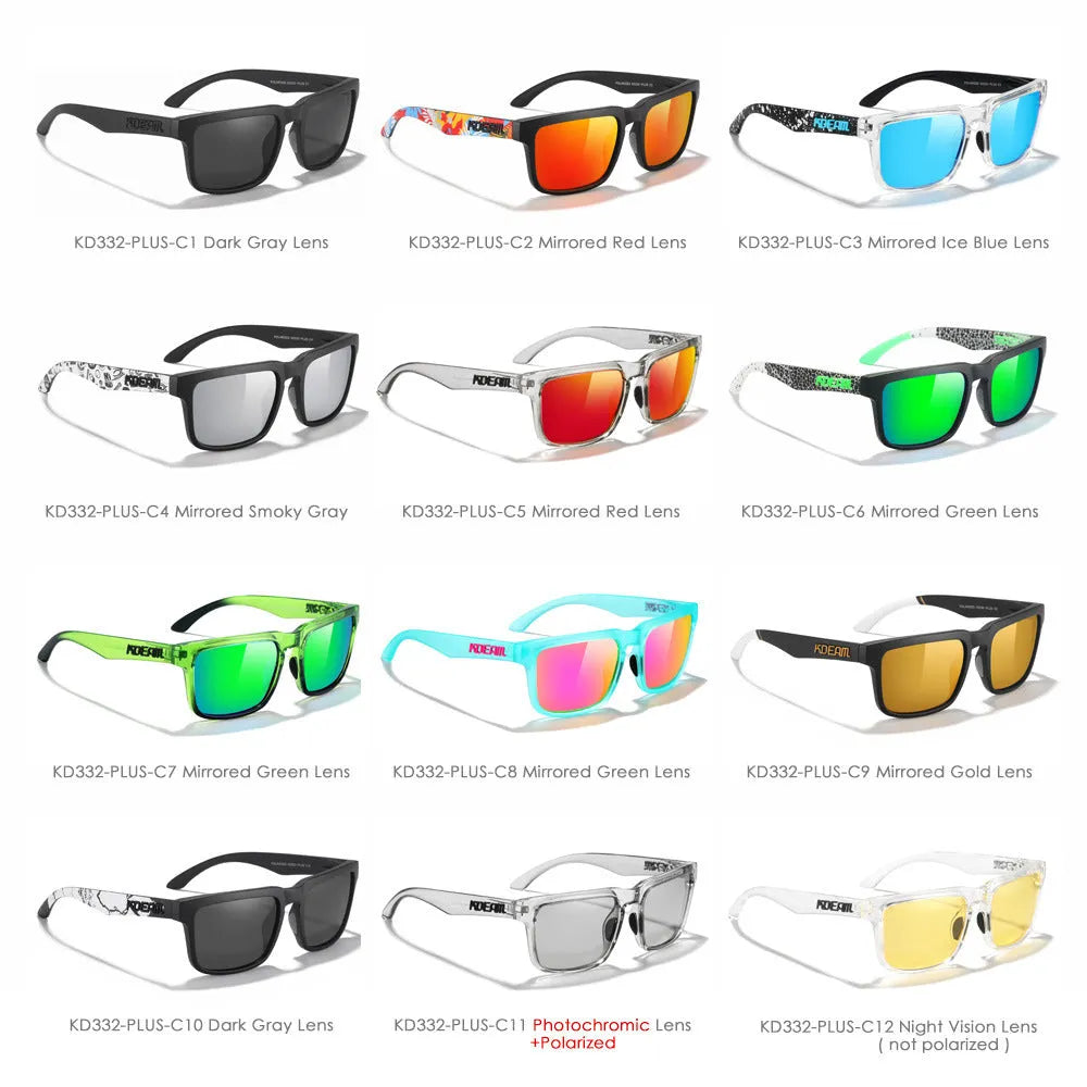 Polarized square sunglasses with TAC lens and PC frame, available in 12 colours