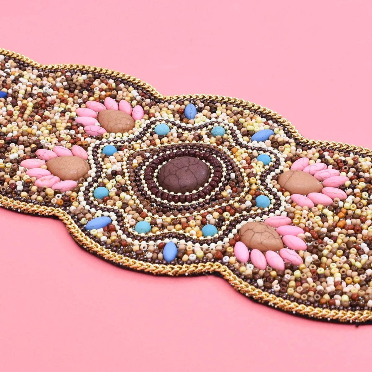 Beaded imitation turquoise elastic waistband belt in faux leather with stitching, ethnic style, single loop, 115cm