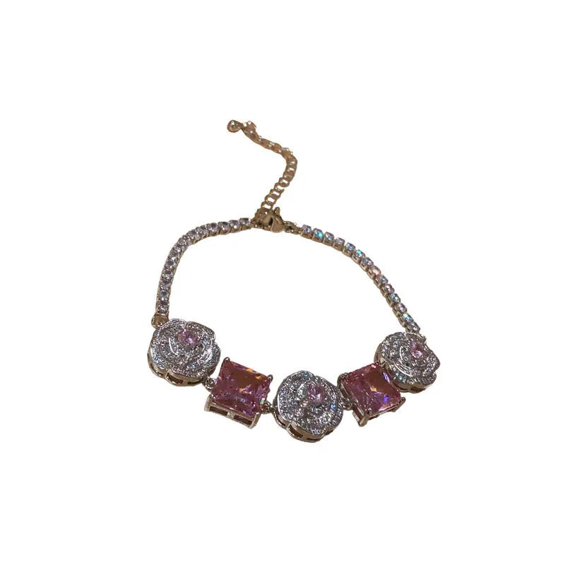 French flower square zircon necklace in silver pink with inlaid zircon pendant on 41-50cm clavicle chain.