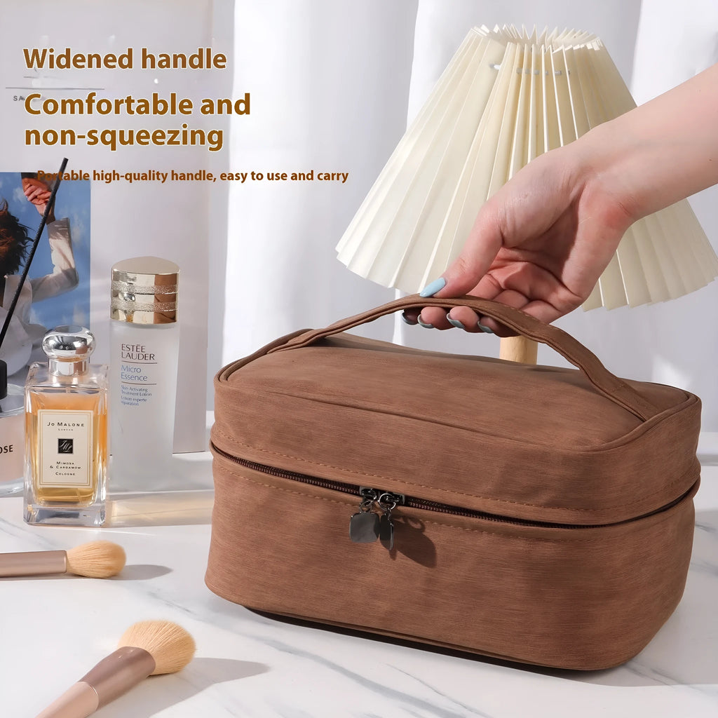 Large capacity waterproof PU cosmetic bag in Mirror Coffee or space grey with solid colour and sewing line detail