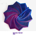 3D printed radish tower polygonal spiral fidget toy with operating handles in PLA, shown in available colours and sizes.