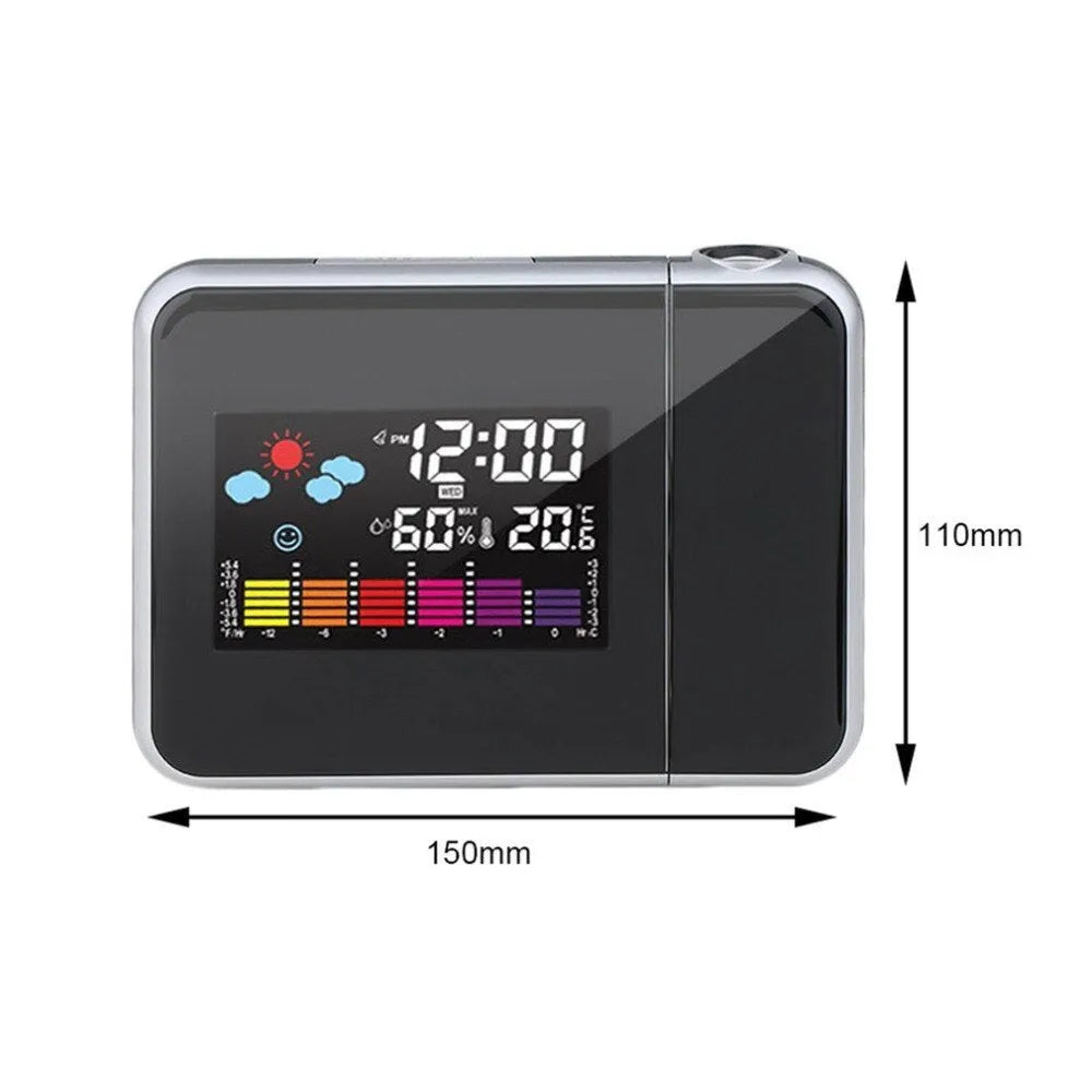 Black digital projection alarm clock with LED display showing time, temperature, and humidity.