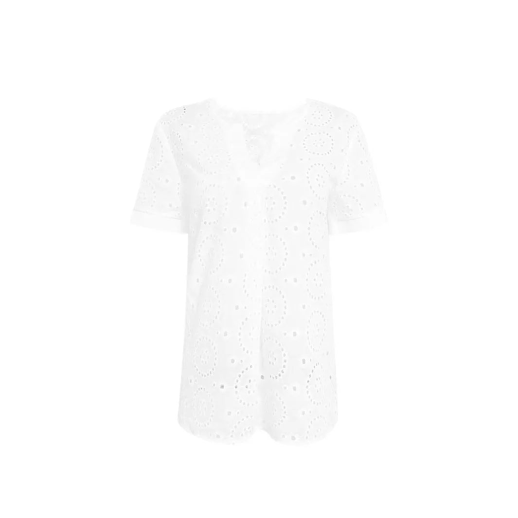 White women's V-neck short sleeve T-shirt with hollow French elegant detail, loose casual fit.