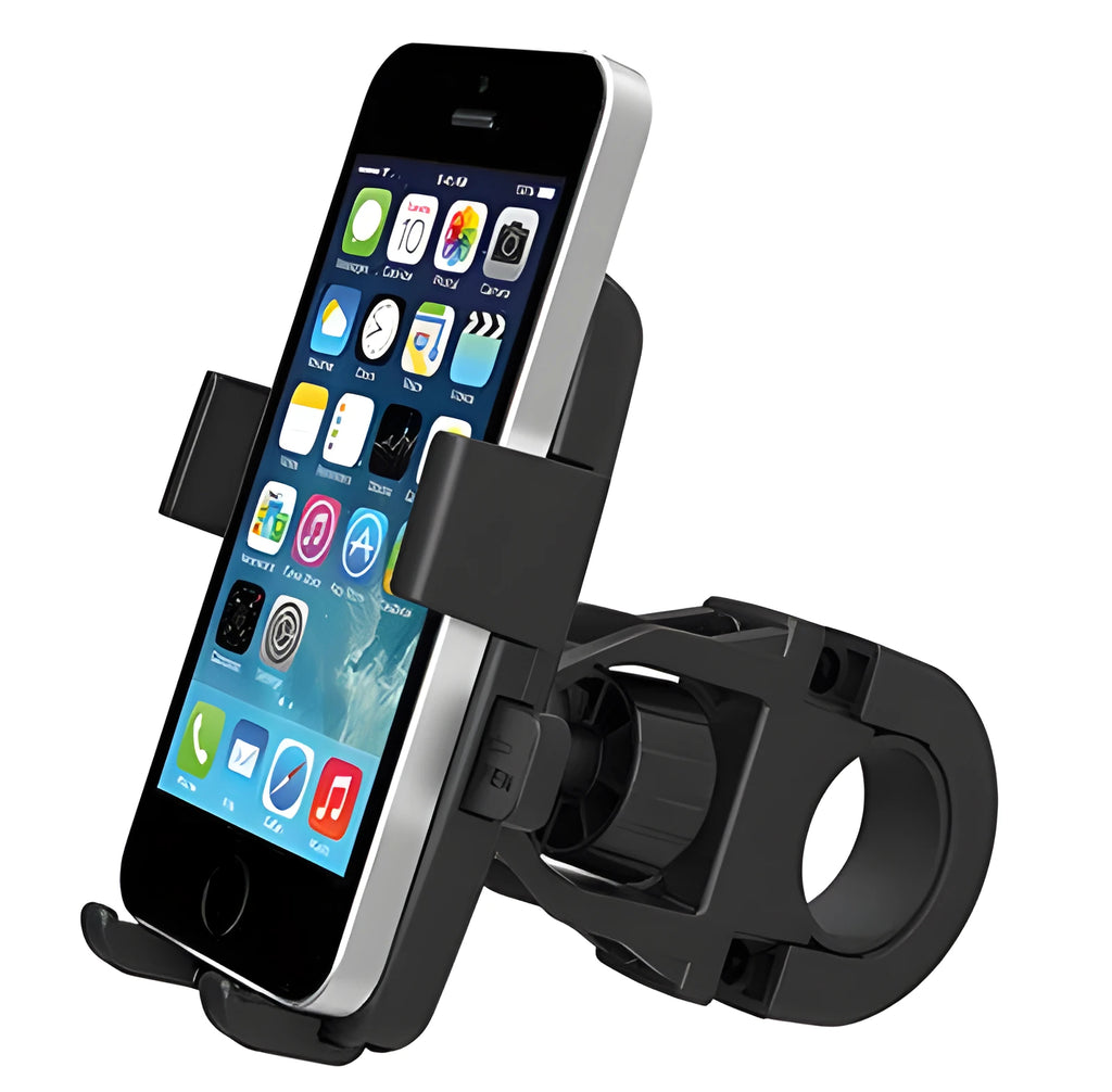 Black ABS plastic bicycle handlebar phone holder with a secondary safety strap.