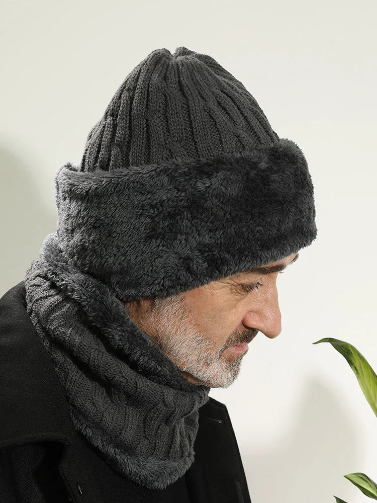 Men's winter windproof hemp knitted hat with thick knit and flexible fit on model