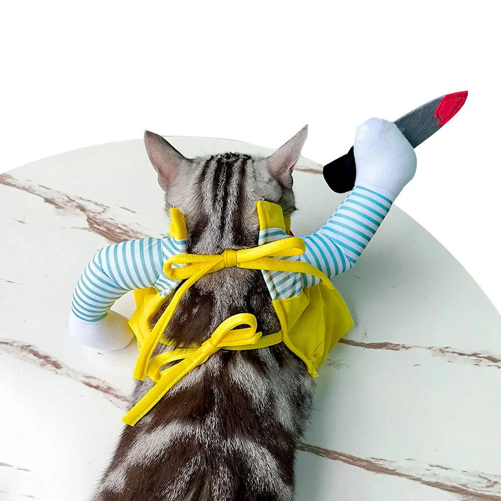 Yellow sword pattern cat costume on pet mannequin showing assassin theme with four size options