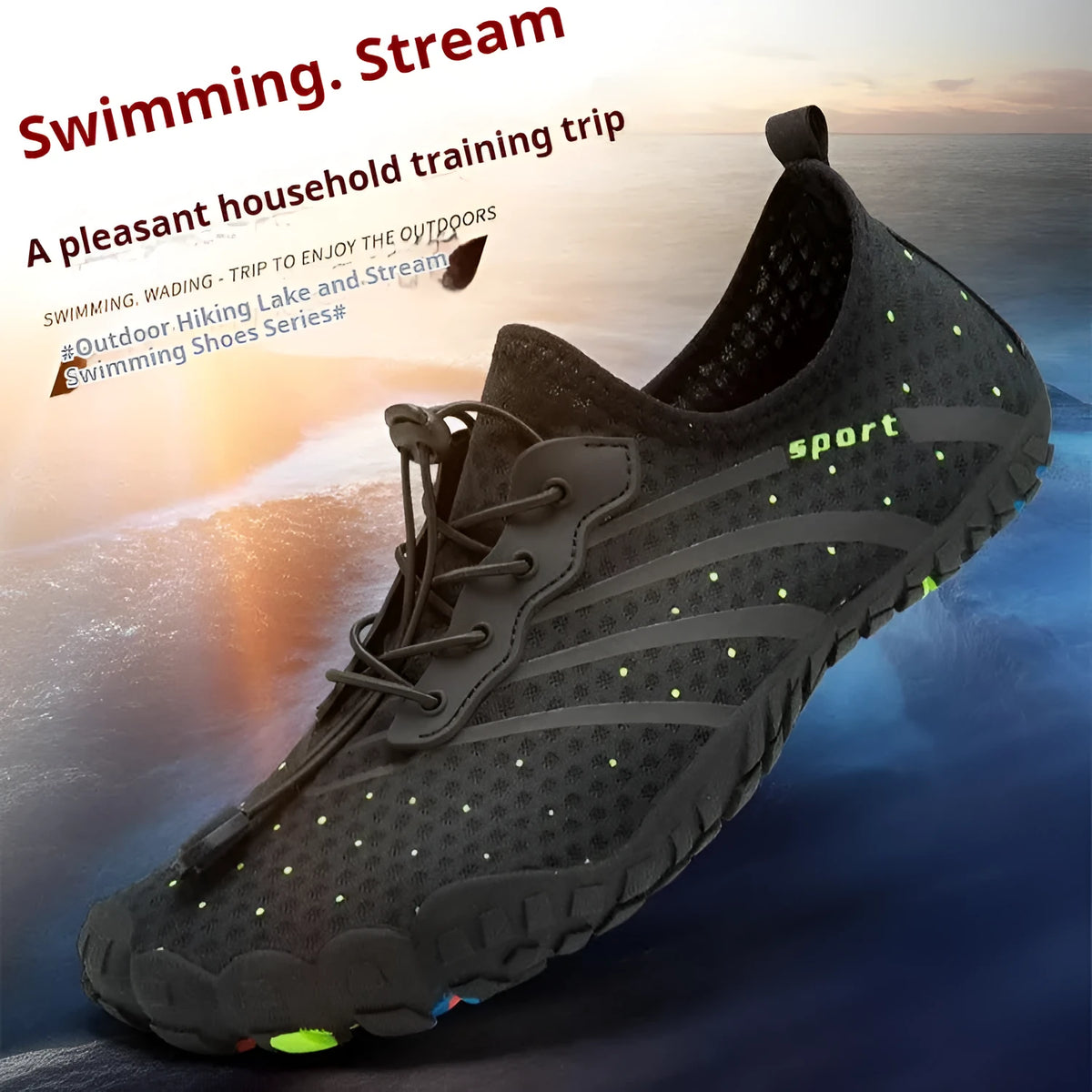 Low-top mesh water shoes with rubber sole shown in army green colour.