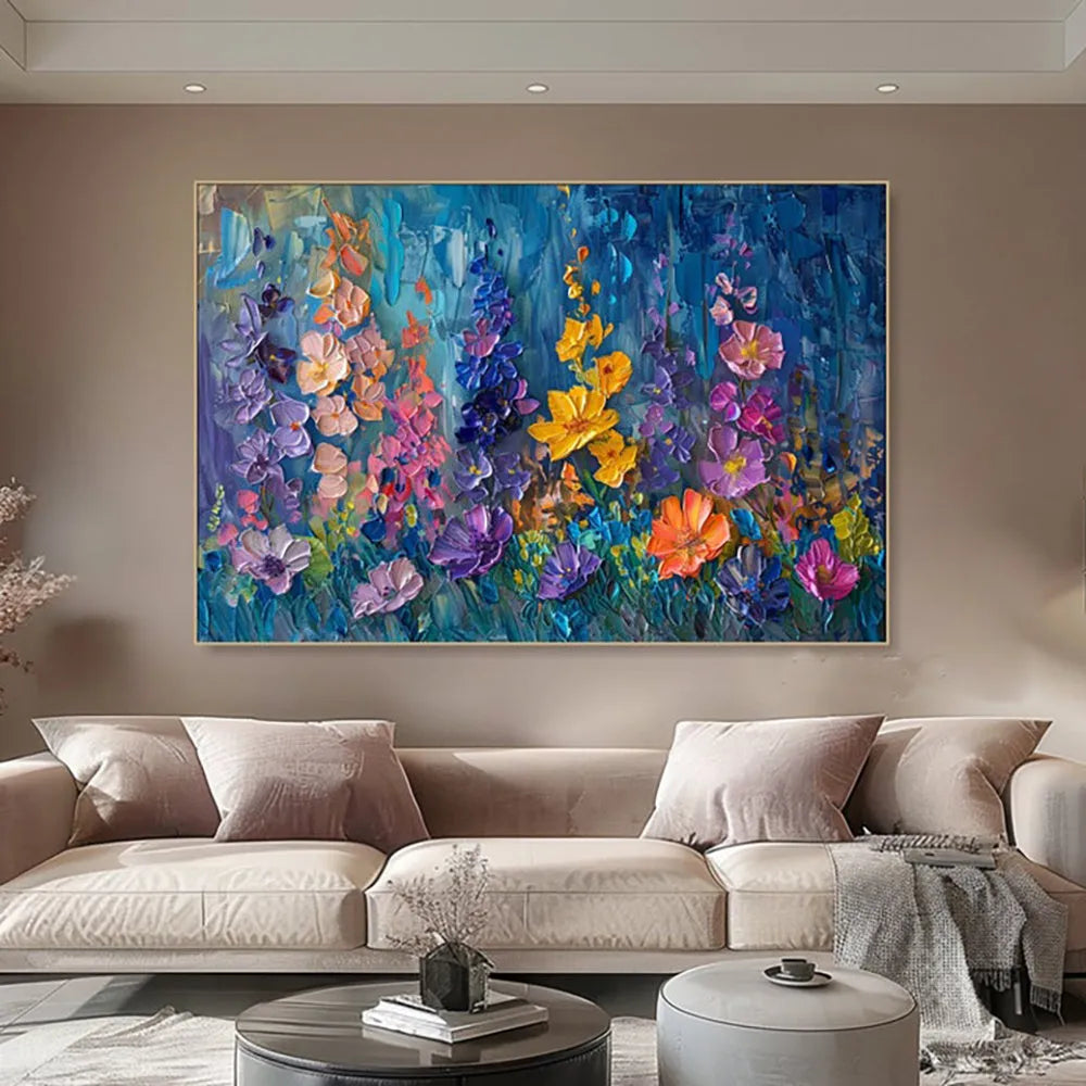 Handmade 3D thick oil flower painting on canvas, rolled frameless modern abstract wall art