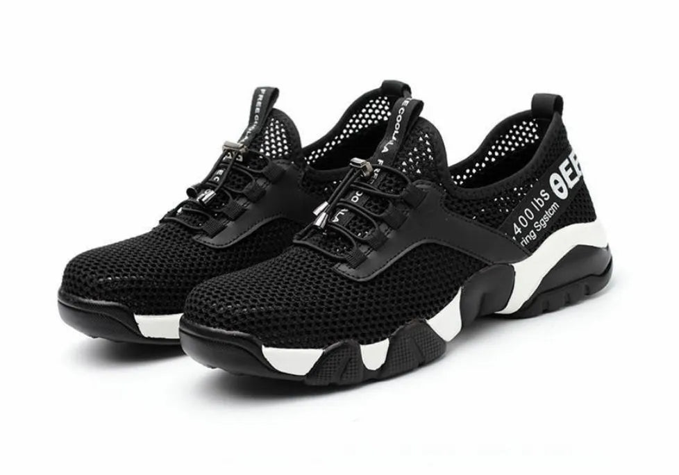 Black breathable mesh work safety shoes with rubber sole, sizes 35 to 48