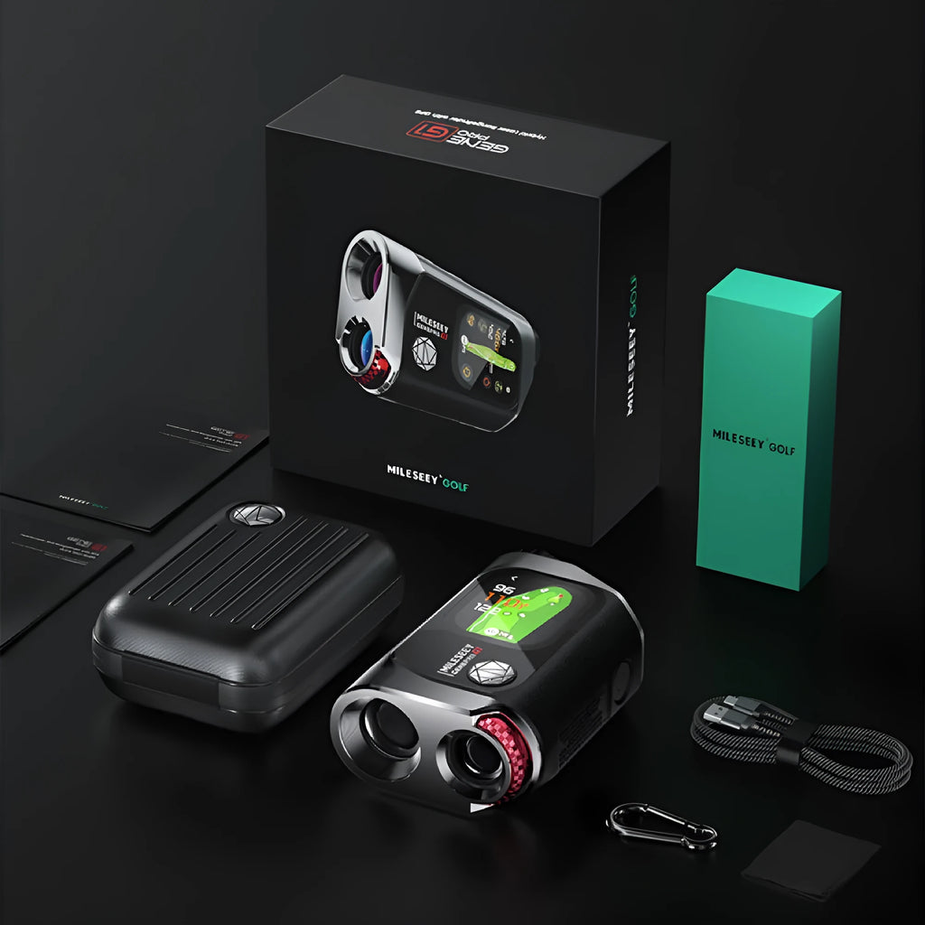Black GenePro G1 GPS golf rangefinder with optical lens and AMOLED touchscreen display
