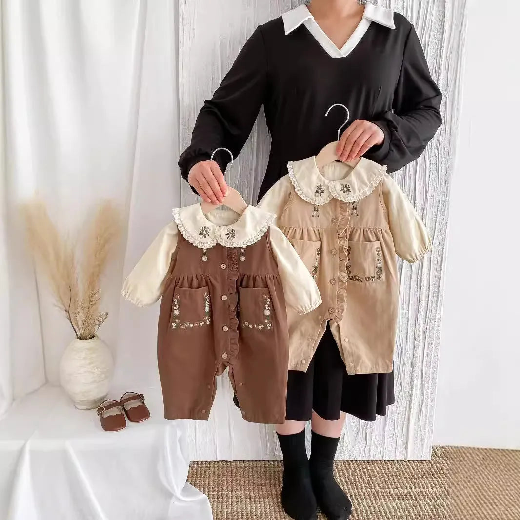 Cotton baby suspender pants suit with long-sleeve top and jumpsuit in khaki, brown, or base shirt, sizes 66cm to 100cm