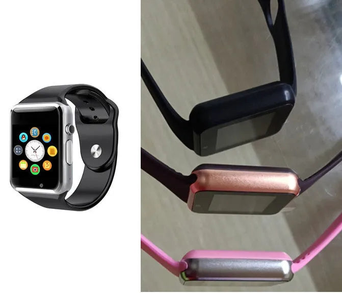 A1 model smart watch on wrist showing 1.54-inch display, available in black, silver, white, gold, pink, red, green, blue.
