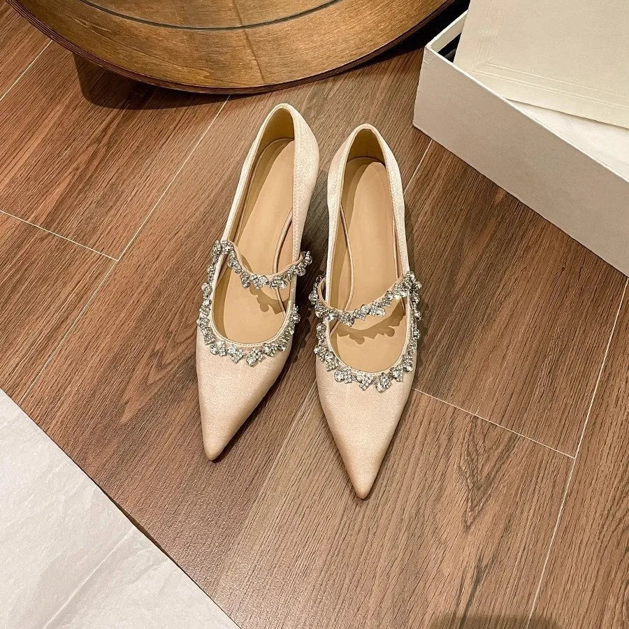 Apricot nude rhinestone pointed toe wedding shoes with 6-8cm high stiletto heel and microfiber lining