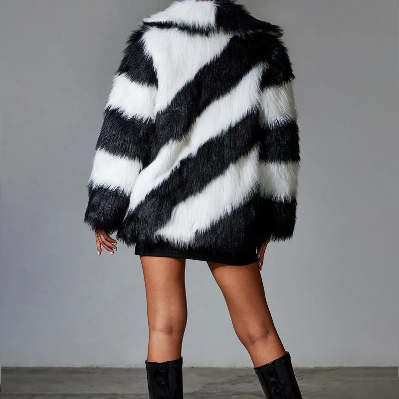 Faux fur coat with contrast lapels and matching fur collar showing 50cm length