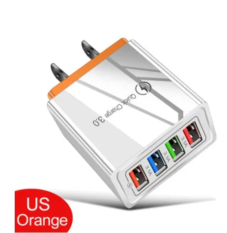 Luminous 4-port USB mobile phone charger in dark blue with EU plug, showing glowing indicator lights.