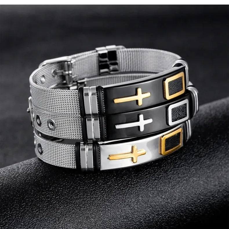 Adjustable 3D cross bracelet in stainless steel mesh chain, gold or black, about 24g, for women and men