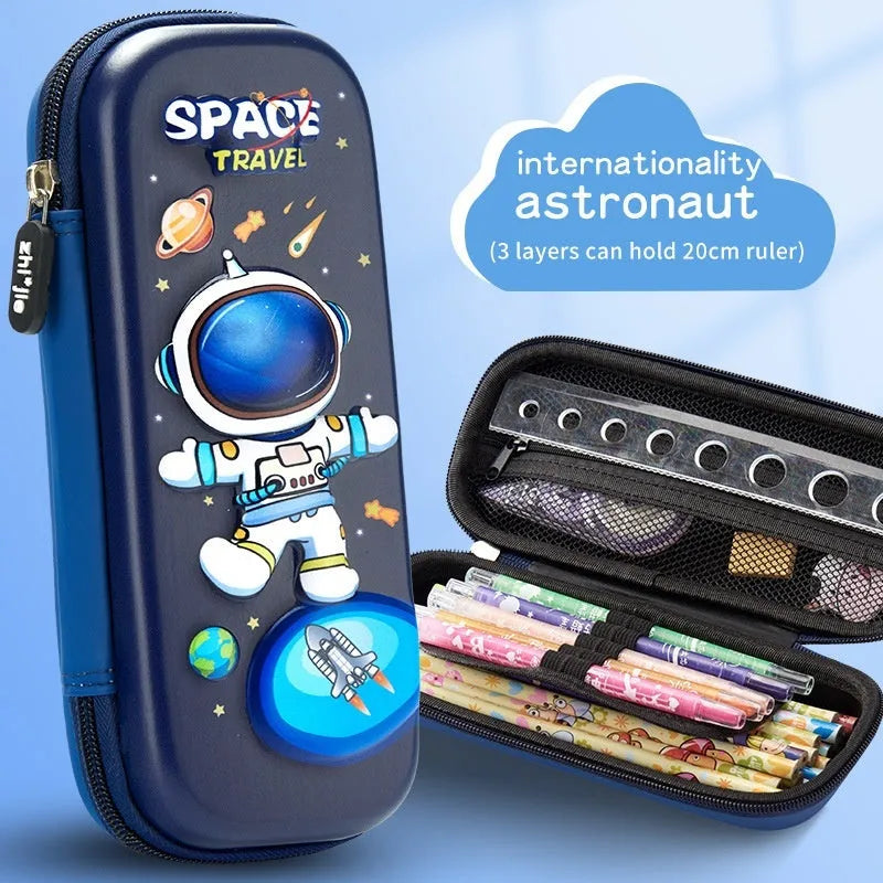 3D leather pencil case showing multiple design options including space, fantasy and animal themes