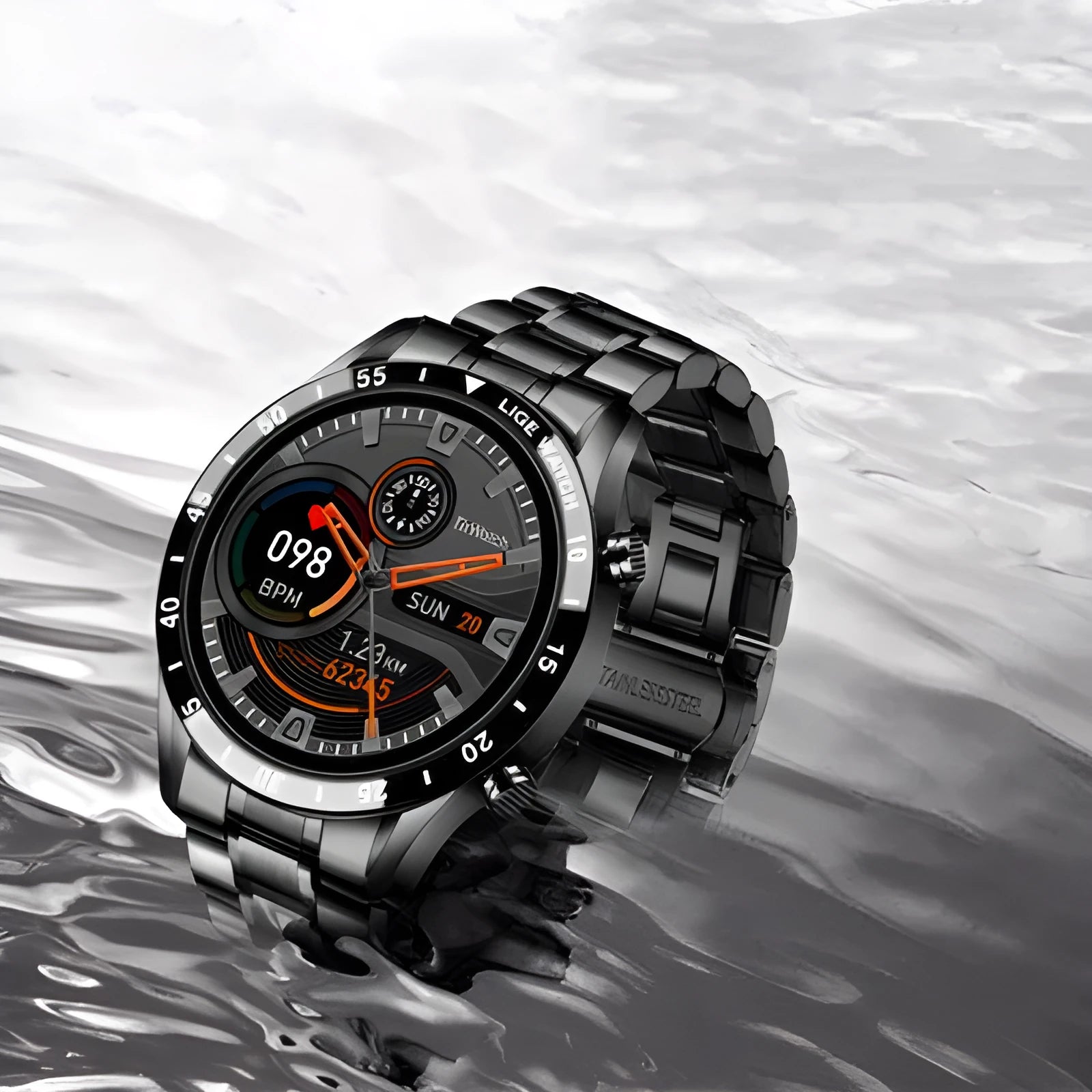 Smart watch with stainless steel wristband showing 1.3 inch screen, available in black or silver colour