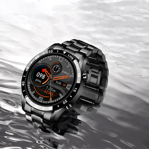 Smart watch with stainless steel wristband showing 1.3 inch screen, available in black or silver colour