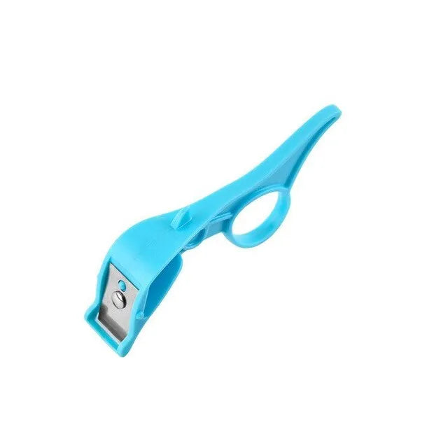 Finger ring peeler with plastic body and stainless steel blade in pink, blue, or orange for scraping fruit and vegetable skin