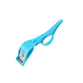 Finger ring peeler with plastic body and stainless steel blade in pink, blue, or orange for scraping fruit and vegetable skin