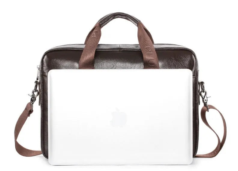 14 inch black leather men's briefcase in top layer cowhide with single shoulder strap and multiple interior pockets