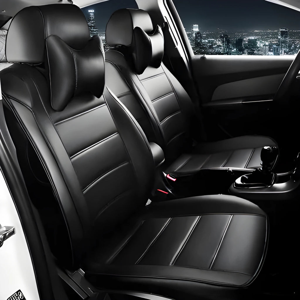 Cow leather universal car seat cover shown in beige and black with red accent colour options.