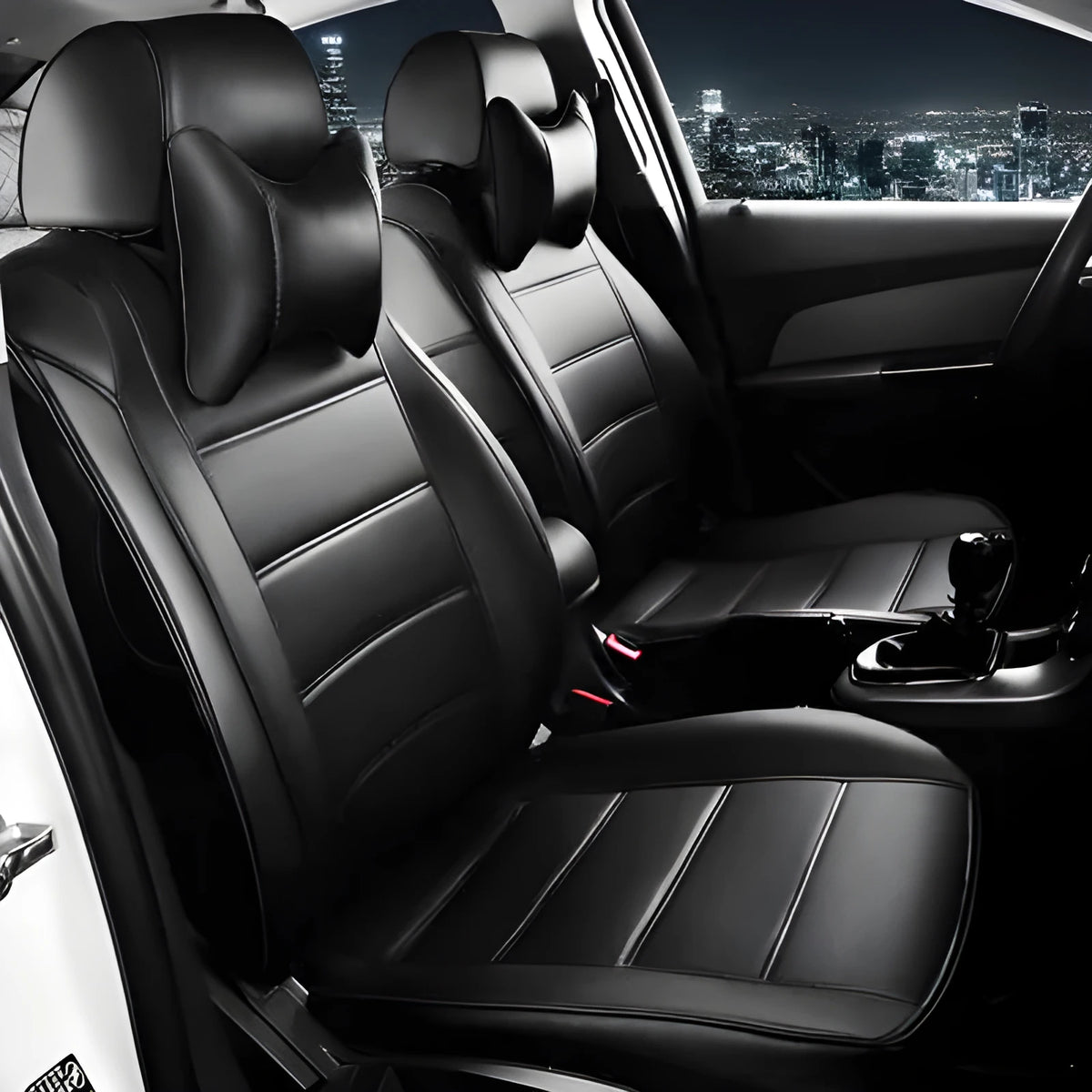 Cow leather universal car seat cover shown in beige and black with red accent colour options.