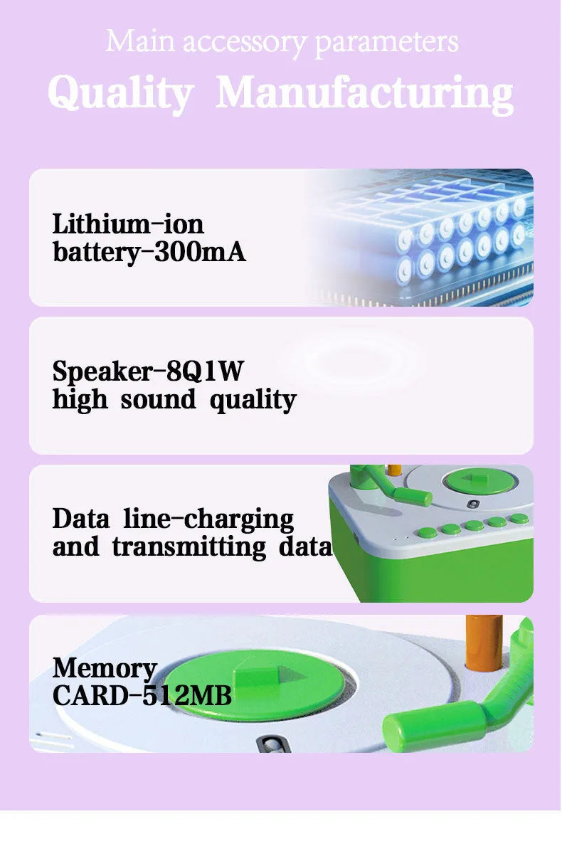 Green ABS children's early learning story machine, 80.5 mm x 45 mm x 45 mm, with Bluetooth and recording