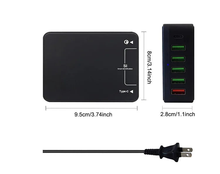 Black multi-port USB mobile phone charger with direct charging 8000mA output