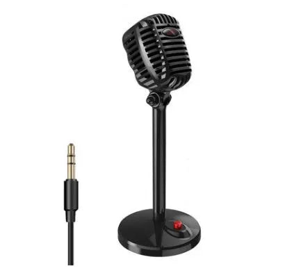 Black USB computer microphone on a weighted stand with an adjustable neck and long cable.