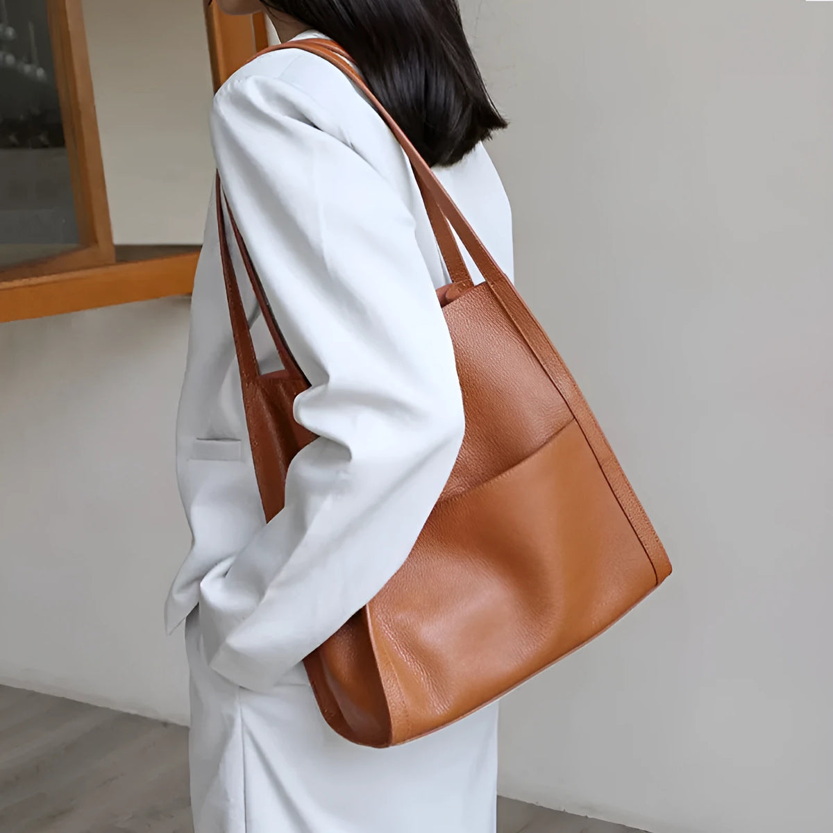 Genuine leather business commute shoulder bag square vertical shape soft first layer cowhide black colour