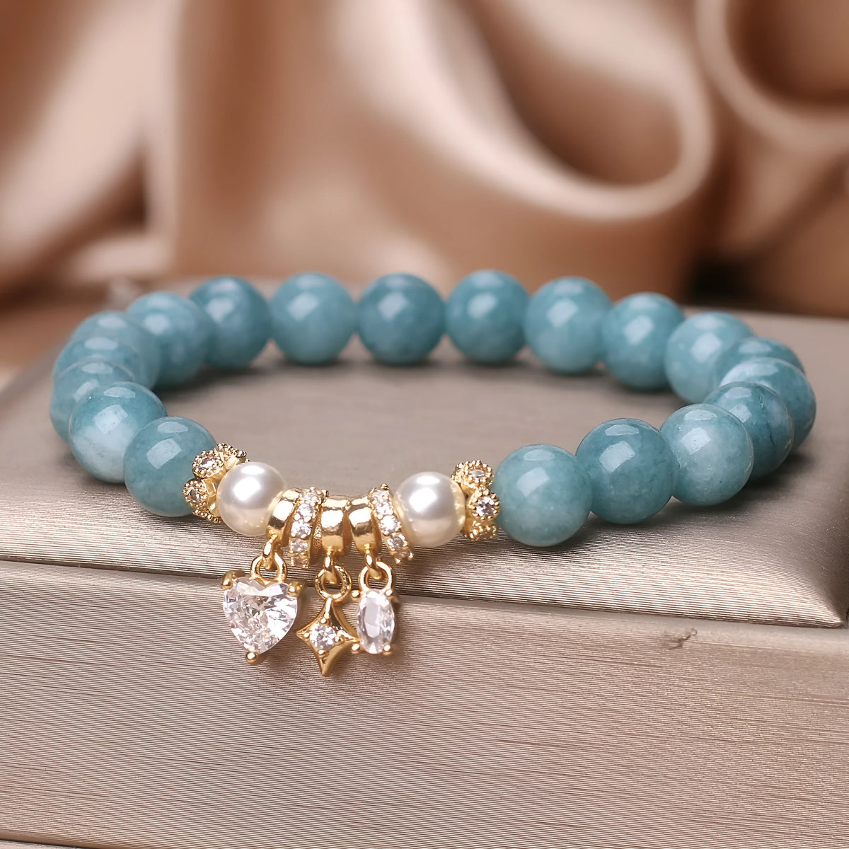 Blue water jade agate bracelet for women with heart-shaped zircon XINGX pendant, ethnic style handmade jewellery