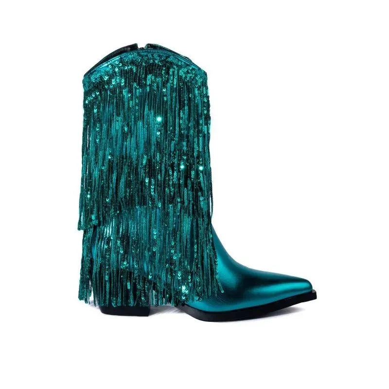 Women's brown chunky heel ankle boots with tassel detail and a high stiletto heel.