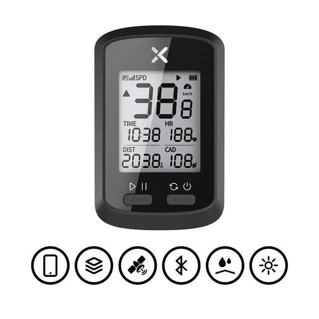 Black waterproof bicycle stopwatch with large LCD display mounted on bike handlebars