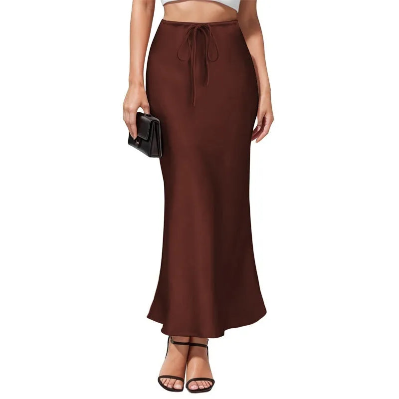 Asymmetric high waist skirt in acetate satin fabric with irregular stitching detail, shown in a choice of colours.