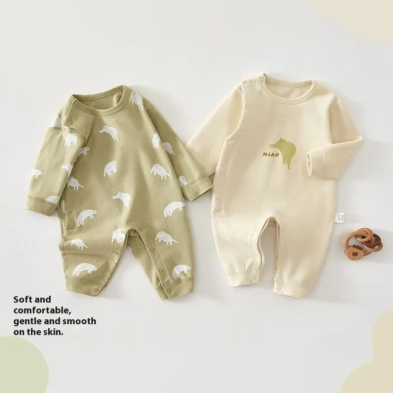 Pure cotton baby jumpsuit long sleeve boneless neutral unisex in apricot cat colour, 66cm to 90cm.