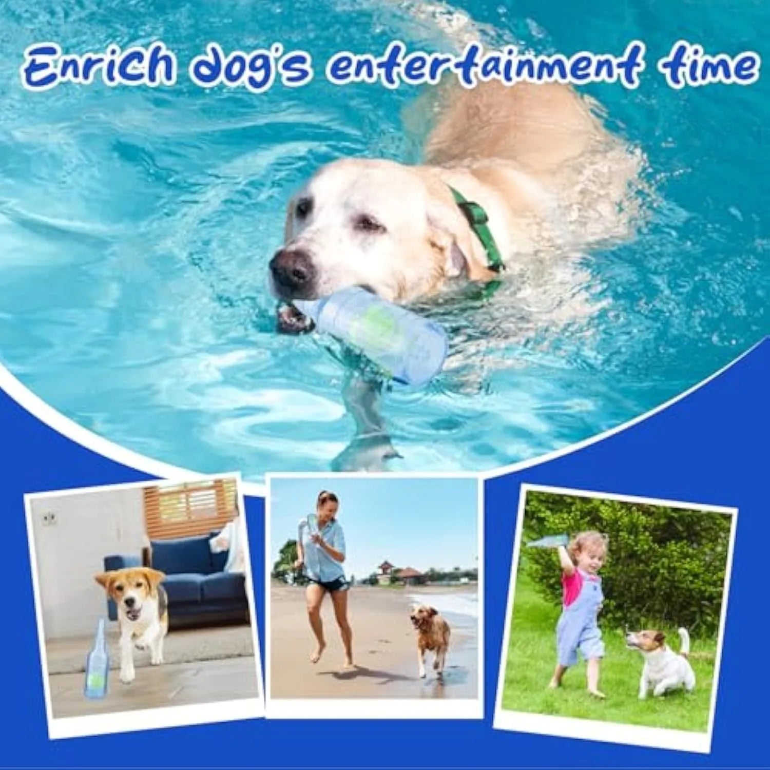 Blue natural rubber squeaky dog toy shaped like a water bottle for chewing and interactive play.