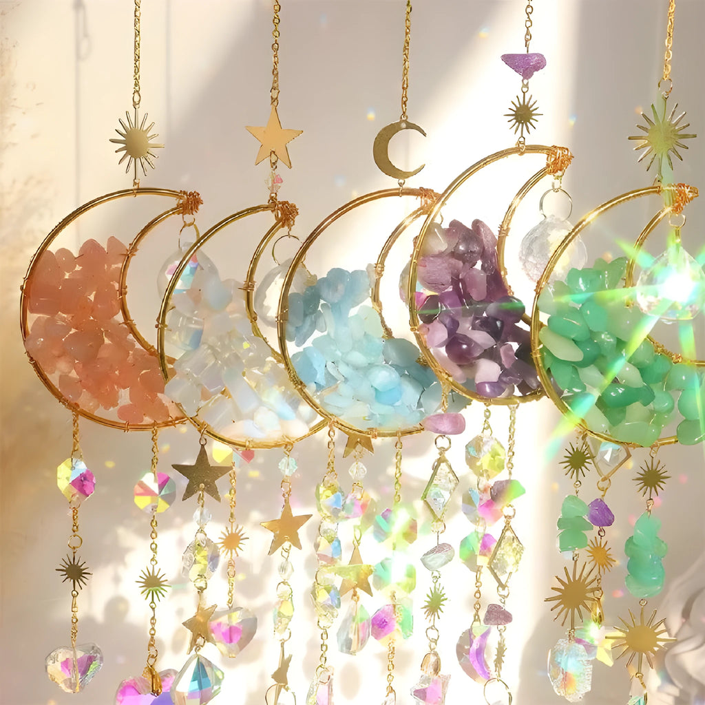 K9 crystal moon car pendant with metal chain in blue, green, pink, purple or white