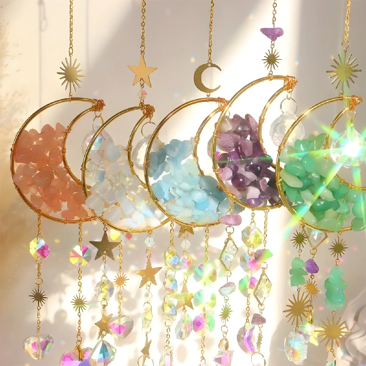 K9 crystal moon car pendant with metal chain in blue, green, pink, purple or white