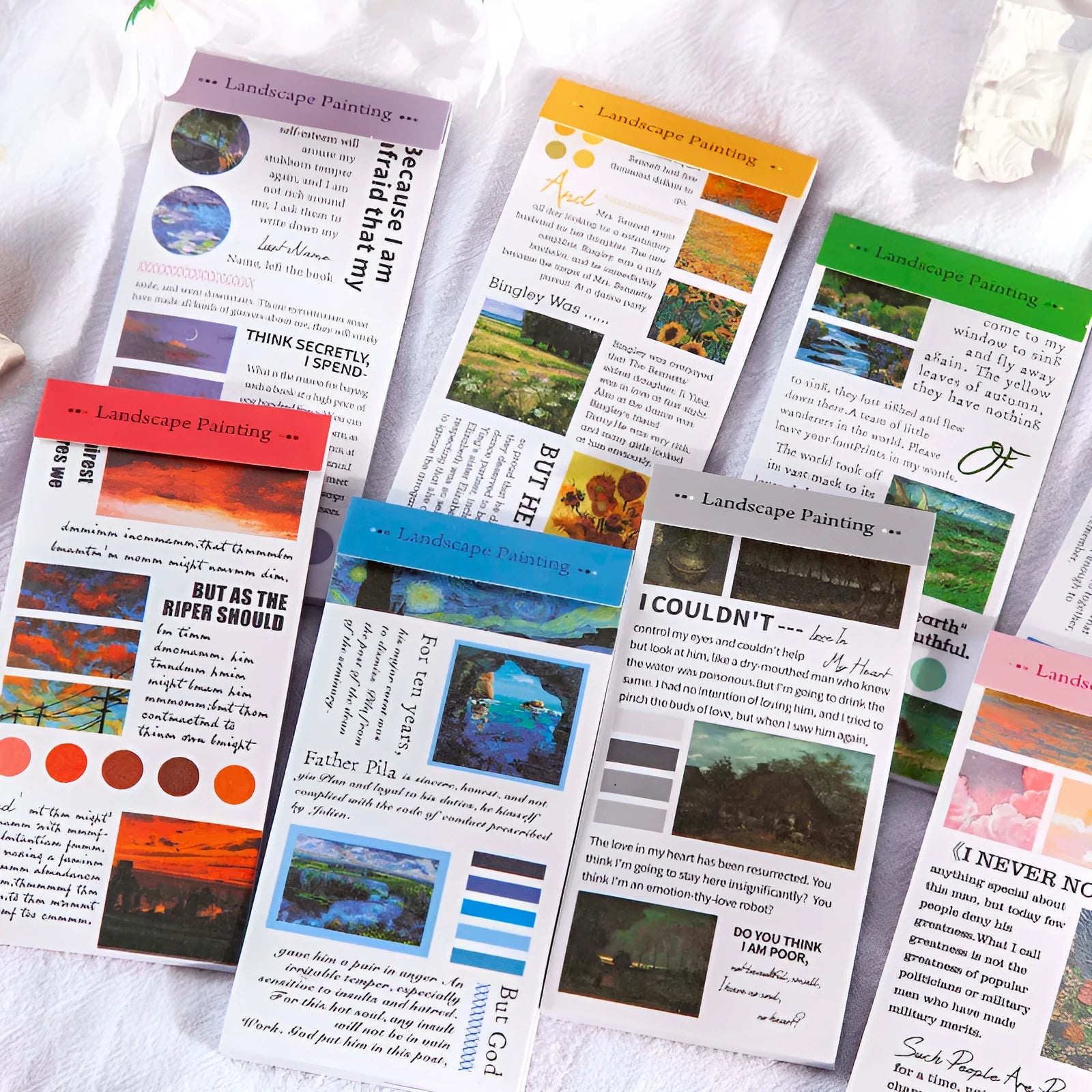 Pack of 20 rectangular landscape painting paper stickers measuring 60mm by 120mm.