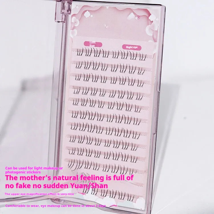 Close-up of Kitten's Paw lower false eyelashes with segmented sheer root and graduated 4-5-6mm lengths on 12 rows.