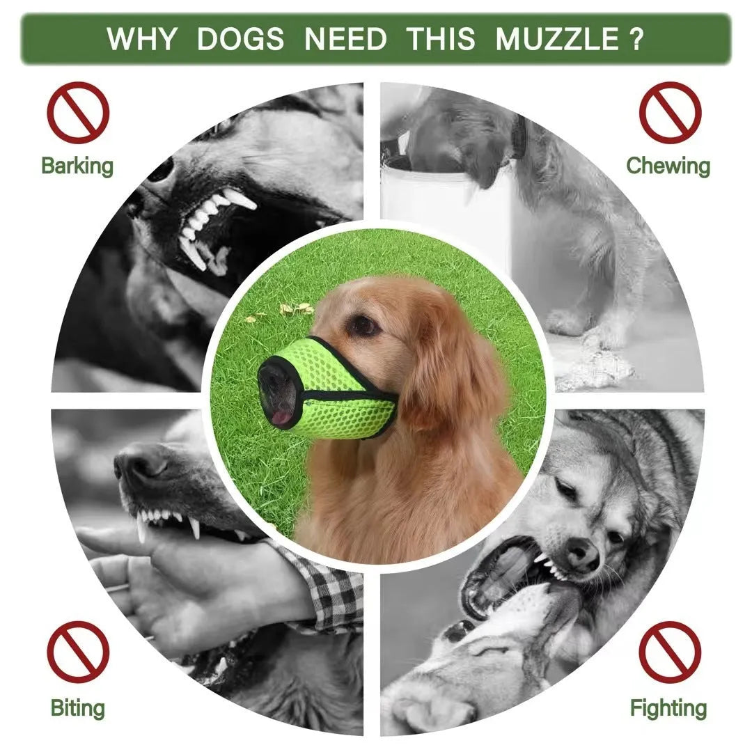 Breathable mesh dog muzzle with adjustable buckle in black, grey, or green, sizes S to XXL for biting and barking.