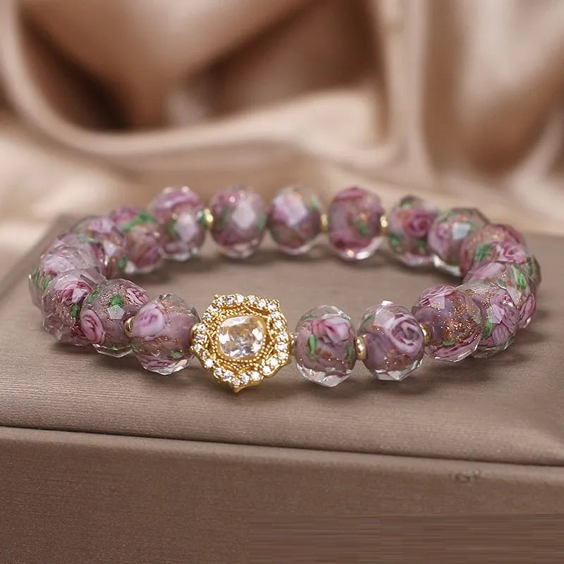Purple glass beaded bracelet for women with coloured glaze and electroplated finish