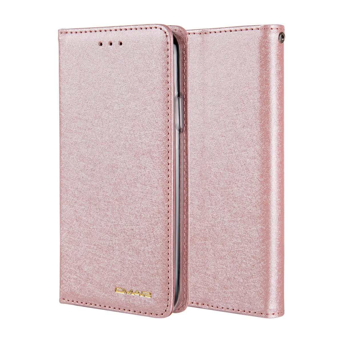 Black PU leather flip-style iPhone case open to show interior card slots and phone.