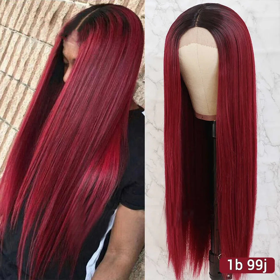 Wine red mid-length straight wig, about 70cm long and 230g, with adjustable button net
