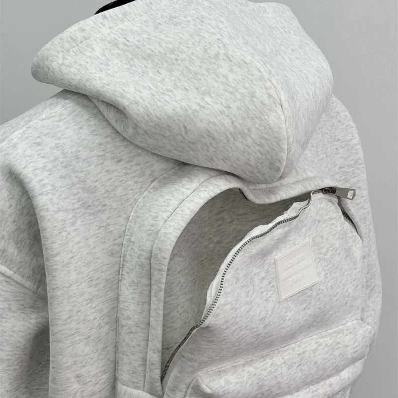 Back schoolbag design men's coat in light gray with hood, polyester cotton fabric, front view