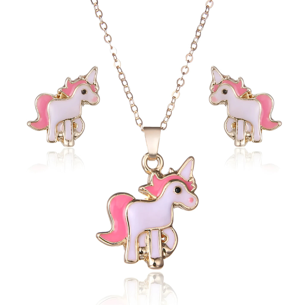 Alloy pony jewellery set with oil painting pony pendant in gold, rose gold or silver, about 150mm long