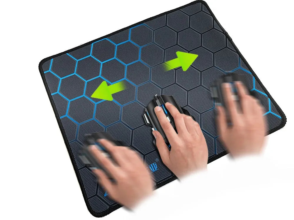 Large custom cartoon mouse pad on desk with keyboard and mouse, showing non-slip rubber base